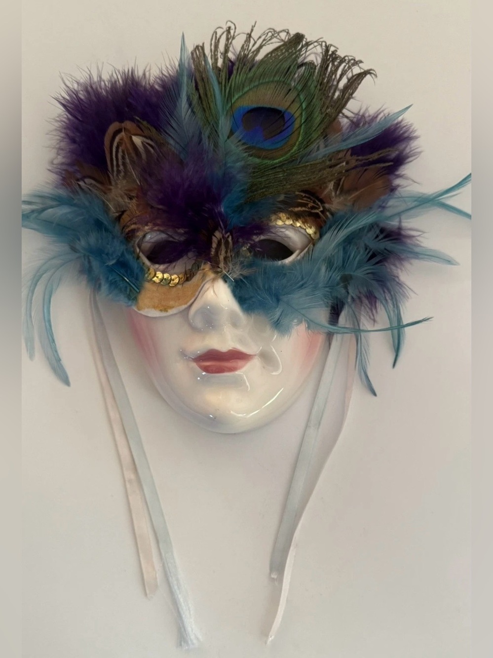 Venetian Style Ceramic Mask Teal Purple Feathers Mardi Gras Wall Hanging